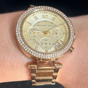 Michael Kors Gold Chronograph Parker Watch with Crystal Bezel